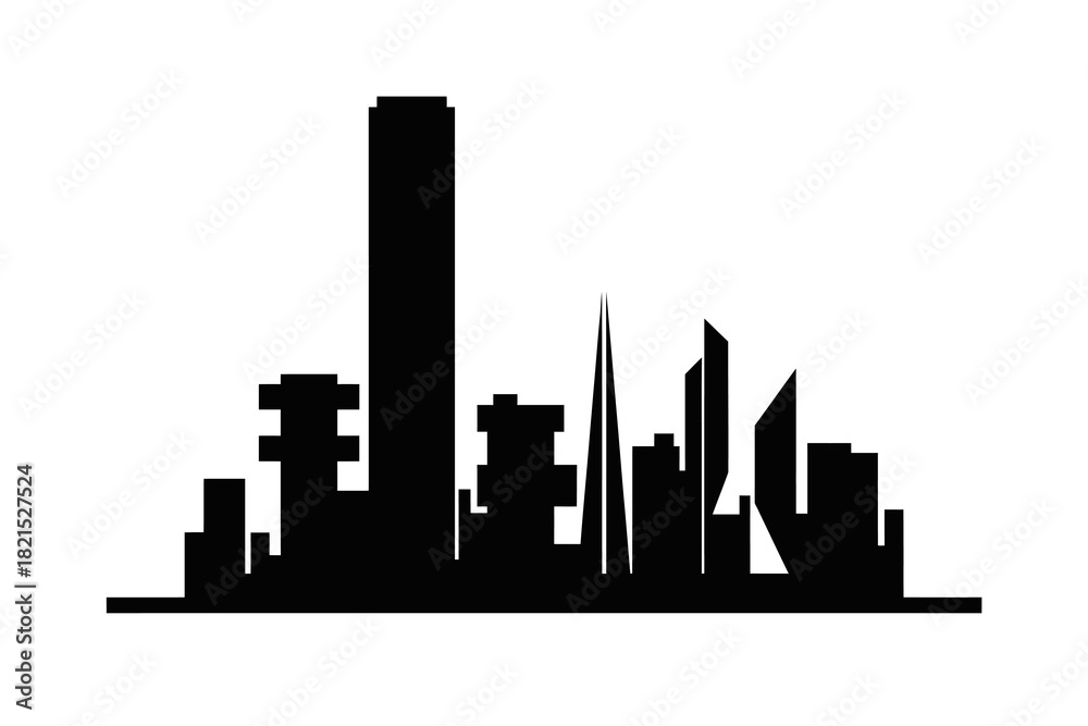 Naklejka premium Abstract Black City Skyline Silhouette - Brutalist and Modern Mix with Ultra-Tall Flat-Top Tower and Spires on White