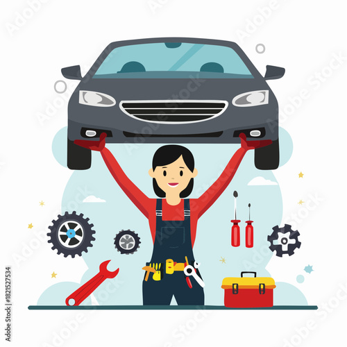 Female mechanic lifting car in auto repair shop with tools and equipment, showcasing her strength and expertise in a traditionally male dominated field.