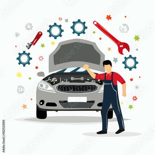 Mechanic inspecting car engine in garage surrounded by tools and gears, showcasing automotive repair and maintenance with a modern, clean style.