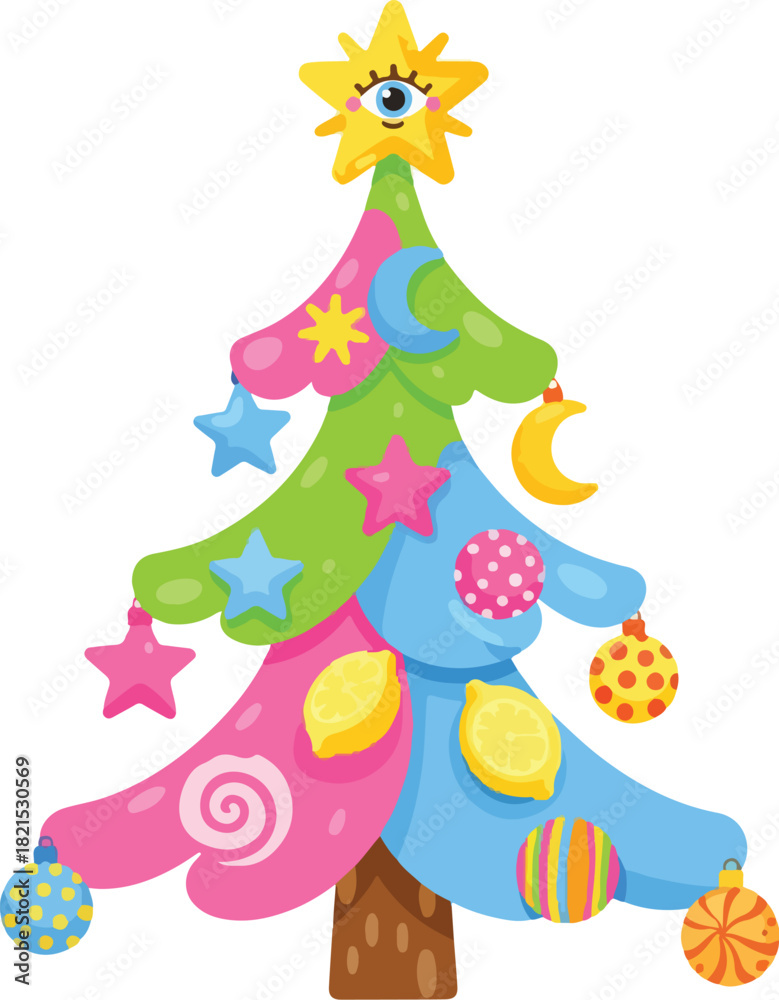 Naklejka premium Whimsical Christmas Tree: A vibrant and imaginative Christmas tree with an eye-catching star, adorned with colorful decorations, evoking a sense of joy and wonder.