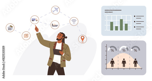 Man pointing at transportation and network symbols linked by nodes, holding tablet. Charts display data analysis, statistics, and graphs. Ideal for strategy, logistics, tech, analysis connectivity