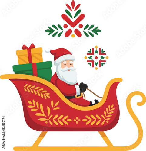 Santa's Sleigh and Christmas Gifts: Depicting Santa Claus at the helm of his vibrant sleigh, piled high with colorfully wrapped presents, ready for holiday festivities.