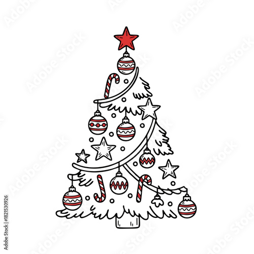 Festive Hand-Drawn Christmas Tree Decoration with Baubles, Stars, and Candy Canes in a Whimsical Style