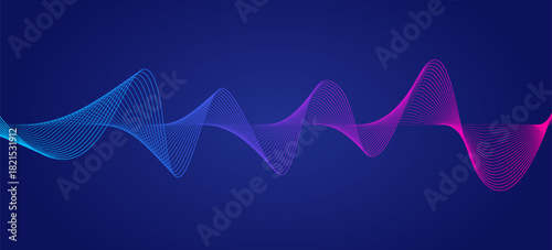 Neon flowing wavy lines on black background. Abstract sound wave design for ai concept, equalizer, audio record, voice assistant. Blue, pink orange gradient curve stripes. Vector background