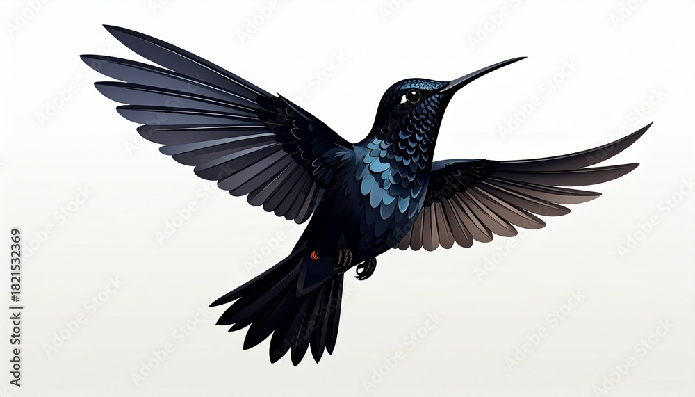 Fototapeta premium A stunning black hummingbird with iridescent blue feathers on its throat, captured mid-flight with its wings spread wide against a light grey background