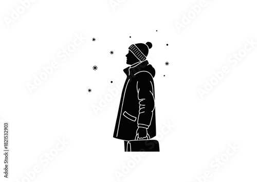 Silhouette of a traveler with luggage standing in the snow, a concept illustration of a new journey, hope, and winter travel