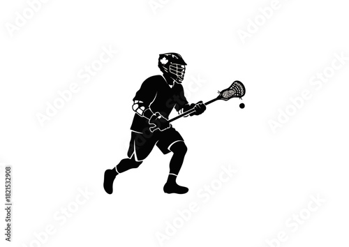 Dynamic silhouette of a determined male lacrosse player in mid-action, expertly running with a stick and ball, symbolizing athletic competition, teamwork, and the energy of team sports