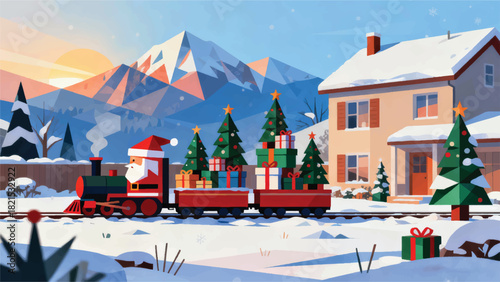 Illustration Of Santa Sleigh Filled With Piles Of Gifts With A Snowy Mountain Background Vector Design Template