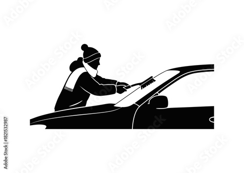 Vector Silhouette of a Person Removing Snow From Their Car Windshield on a Winter Day