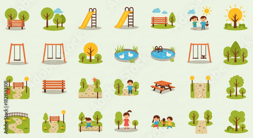 Colorful Urban Park Icons – Flat Vector Mini-Illustrations of Parks and Green Spaces