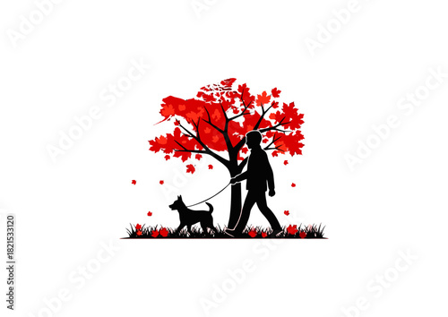 Person Walking Dog Under Red Tree Silhouette of Outdoor Activity and Nature Scene