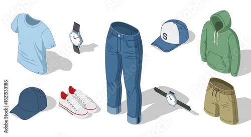 Casual Outfit Isometric Icon Set – T-Shirt, Jeans, Sneakers, Baseball