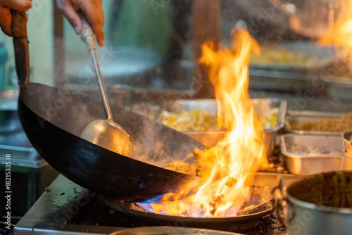Canvas Print Pad Thai noodles is fried noodles cook in pan with big fire flame is hong kong style