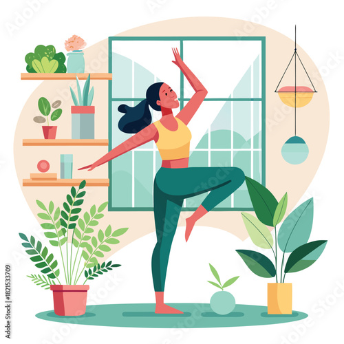 Woman practicing yoga with plants in a bright, cozy room.