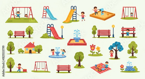 Colorful Urban Park Icons – Flat Vector Mini-Illustrations of Parks and Green Spaces