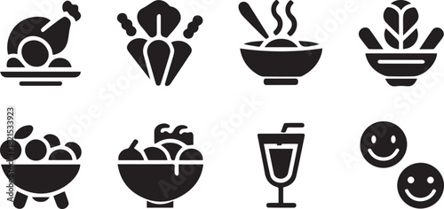 Set of food, dining, and meal vector icon symbols on white image.