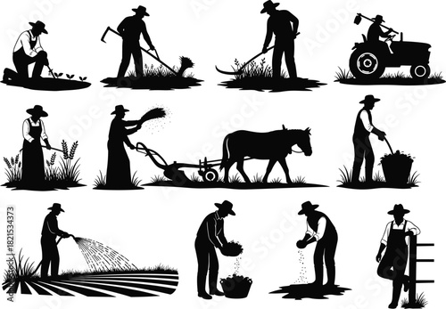 Farming activity, agricultural labor, rural work, traditional tools, crop harvesting, tractor driving, field watering, produce collection, silhouette style, flat vector