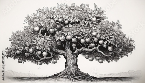 a black and white drawing of a large apple tree