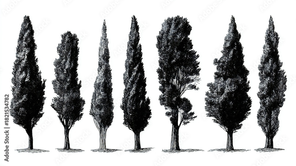 Fototapeta premium Botanical Tree Illustration Set: Diverse Plant Sketches 