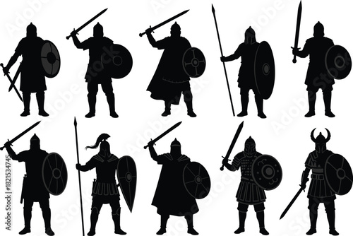 Medieval warrior, battle pose, sword shield, silhouette armor, historic fighter, fantasy soldier, combat stance, heroic figure, weapon style, flat vector