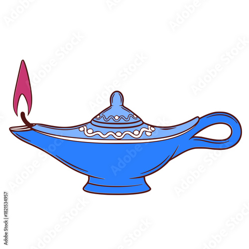 Cute multicolor vector for graphic work: Blue decorative oil lamp with flame and ornate design  