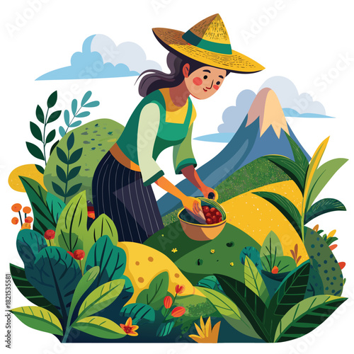 Farmer harvesting crops in a field with mountain background illustration.