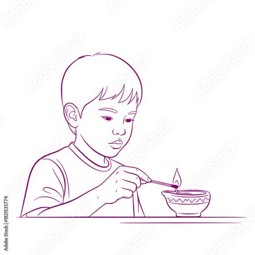 Young boy observing flame while using stick in decorative bowl - on the topic of Hannukah and religion