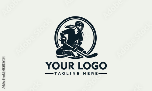 Female ice hockey player emblem design, sports team mascot vector. logo. illustration