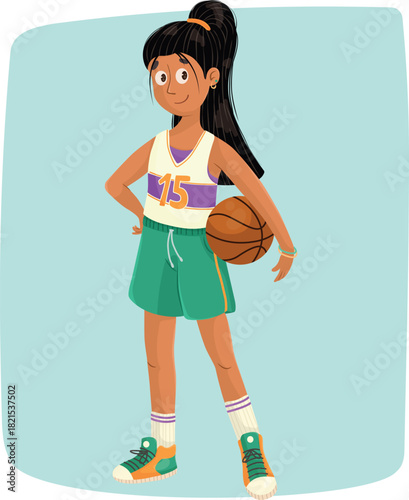 A teenage girl with long black hair pulled back into a ponytail, wearing a tank top and shorts, holding a basketball.