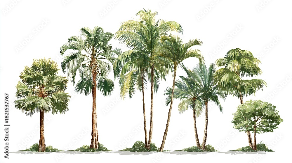 Obraz premium Tropical Palm Tree Collection, Watercolor Style Botanical Foliage Element 