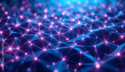 Description: A digitally rendered background featuring a seamless network of interconnected, glowing geometric shapes (like low-poly triangles or hexagons) with a shallow depth of field. Use rich, coo