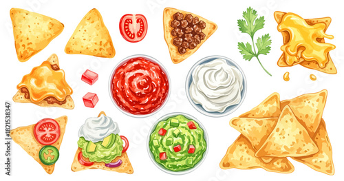 ナチョスとディップソースのセット（サルサ・ワカモレ・チーズ）,トルティーヤチップス,メキシコ料理,パーティ,スナック,リアル,水彩