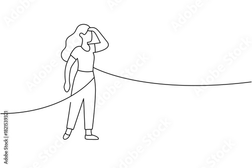 Minimalist line art of a standing woman shading her eyes, gazing forward. Clean outline concept for search and discovery themes