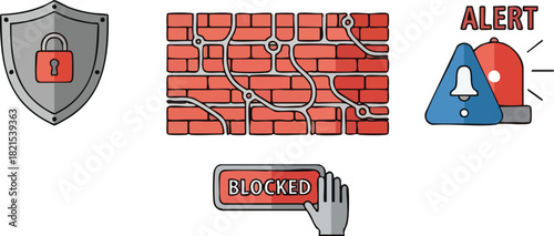 Network Security Alert with Firewall, Shield, and Blocked Sign
