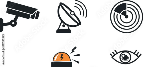 Set of Surveillance and Monitoring Icons in Black and White