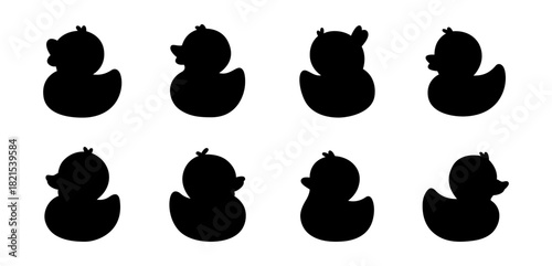 Set of black rubber duck silhouettes. Simple vector shapes for clipart, icons, and minimalist graphic projects.