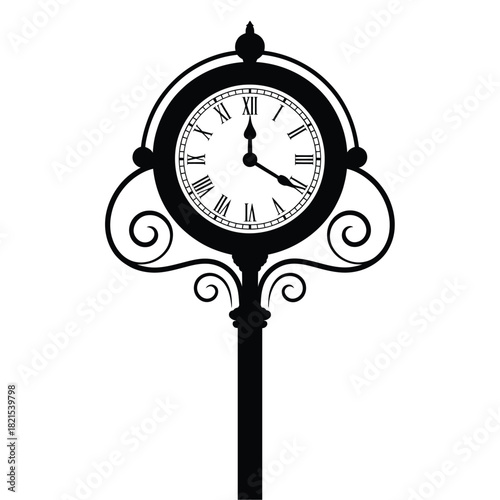 Ornate black street clock with roman numerals