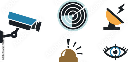 Icons representing surveillance technology, including security camera, radar, satellite and warning signal