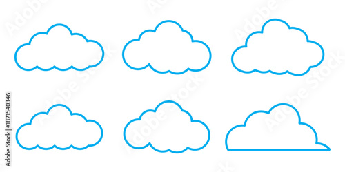 Simple cloud outlines in various shapes. Cloud designs in a repeating pattern. Minimalist cloud icons for weather themes. Blue cloud outlines on white. Weather illustration, vector set