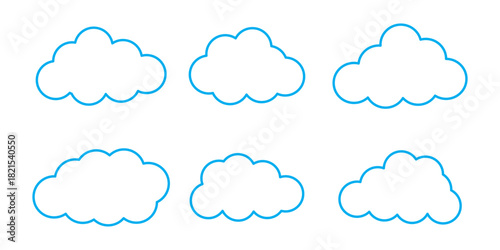 Simple cloud outlines in various shapes. Cloud designs in a repeating pattern. Minimalist cloud icons for weather themes. Blue cloud outlines on white. Weather illustration, vector set