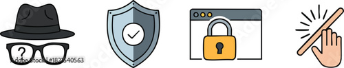 Security and Privacy Protection Icons Shield, Lock, and Hacker Concepts