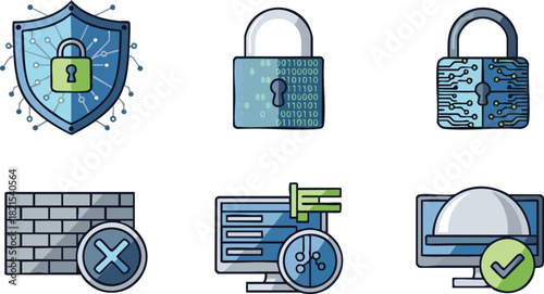 Cybersecurity Icons Shield, Padlock, Firewall and Computer Security Elements