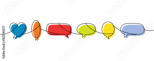 Minimalist continuous line art with six colorful speech bubbles. Creative outline art for communication and relationship themes