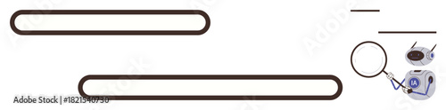 Robot closely examines moving conveyor belts with magnifying glass for errors or efficiency. Ideal for technology, automation, quality assurance, innovation, productivity, manufacturing