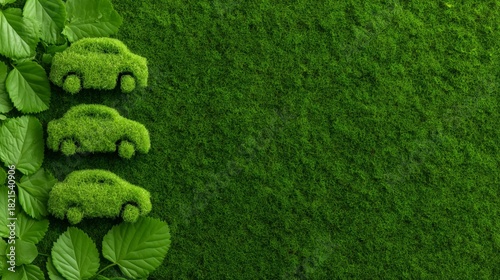 Green moss cars and fresh leaves symbolizing eco-friendly transportation and a sustainable future
