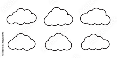 Simple cloud outlines in various shapes. Cloud designs in a repeating pattern. Minimalist cloud icons for weather themes. Black cloud outlines on white. Weather illustration, vector set