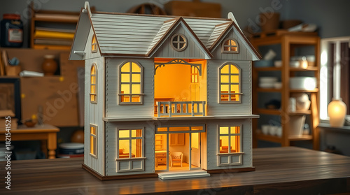 An elegant dollhouse stands on a table in the workshop.
