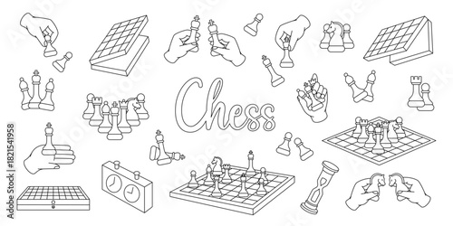 Line art chess illustrations with boards, pieces, hands and clocks in clean outline style