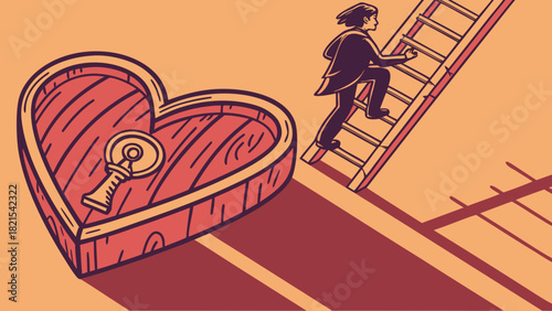 A person climbs a ladder towards opportunity while a heart shaped lock sits nearby looking hopeful