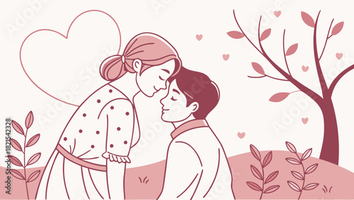 A couple in love embracing under a heart and tree with leaves in a romantic outdoor setting design